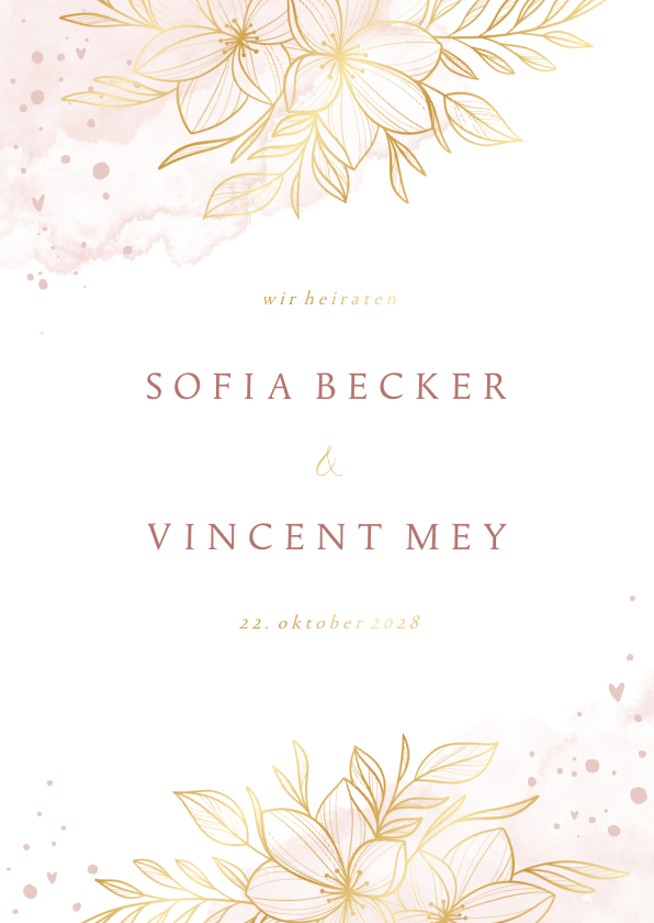 Einladung Hochzeit Goldblumen auf Aquarell - Hochzeitskarten Hochzeitskarten - Einladung Hochzeit Goldblumen auf Aquarell