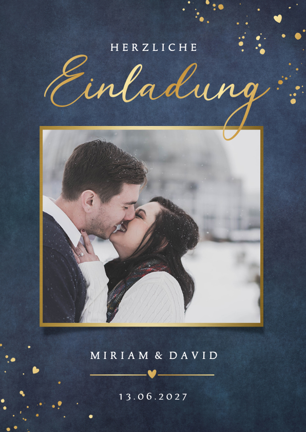 Hochzeitskarten - Einladung Hochzeit mit Foto Gold auf Blau