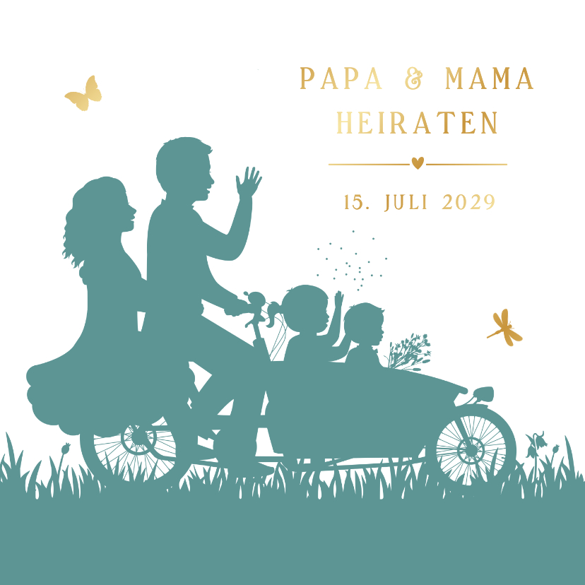 Hochzeitskarten - Einladung Hochzeit Scherenschnitt Familie Fahrrad