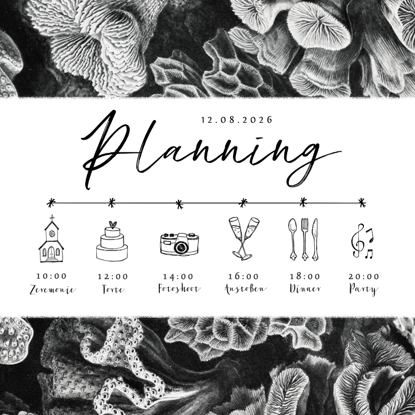Hochzeitskarten - Einladung Hochzeit Timeline Unterwasserwelt schwarz weiß