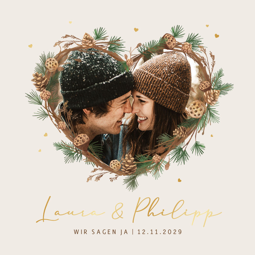 Einladung Winter Hochzeit Herz mit Tannenzweigen - Hochzeitskarten Hochzeitskarten - Einladung Winter Hochzeit Herz mit Tannenzweigen
