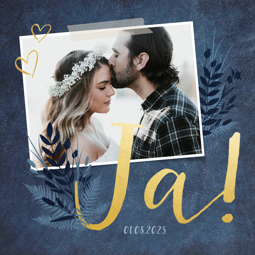 Einladung zur Hochzeit dunkelblau mit Foto und Pflanzen - Hochzeitskarten Hochzeitskarten - Einladung zur Hochzeit dunkelblau mit Foto und Pflanzen
