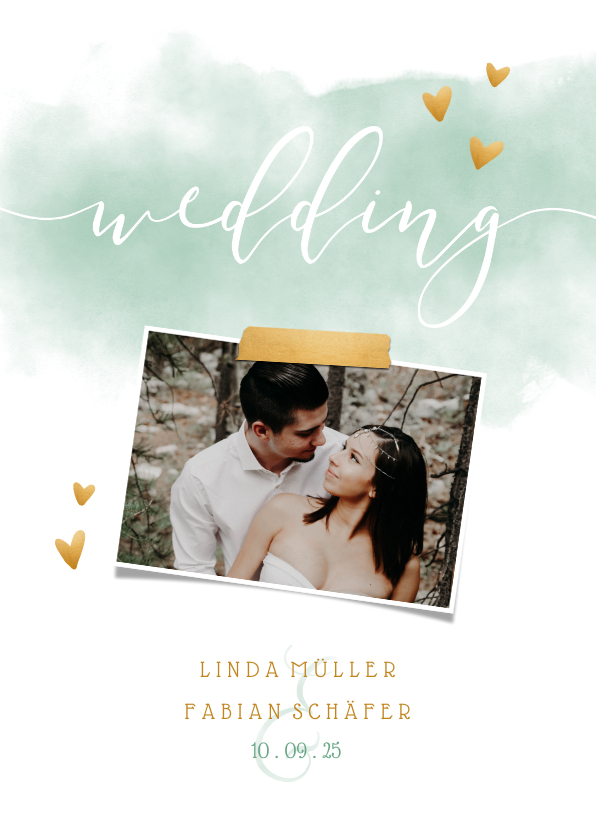 Hochzeitskarten - Einladung zur Hochzeit mit Foto und goldenen Herzen