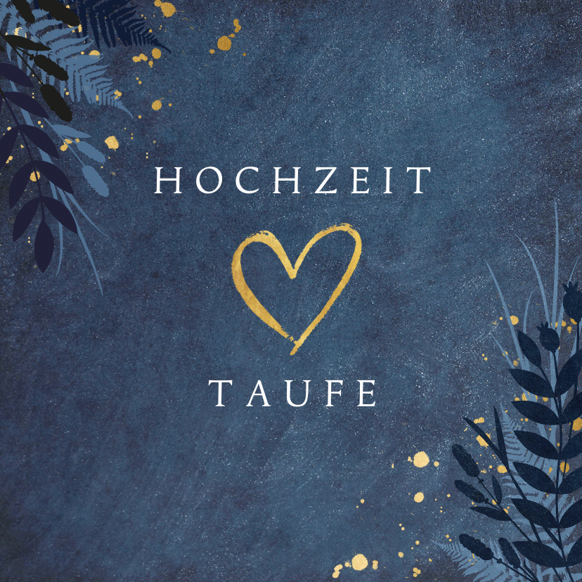 Hochzeitskarten - Einladung zur Traufe dunkelblau mit Herz und Pflanzen