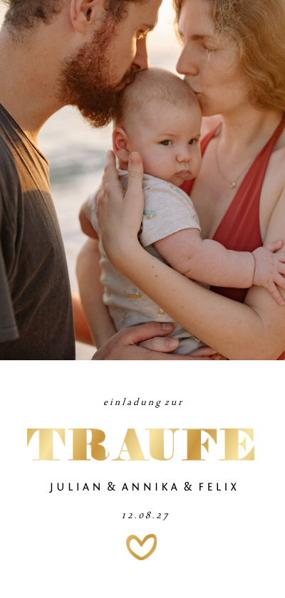 Einladung zur Traufe Goldakzente Foto Hochformat - Hochzeitskarten Hochzeitskarten - Einladung zur Traufe Goldakzente Foto Hochformat