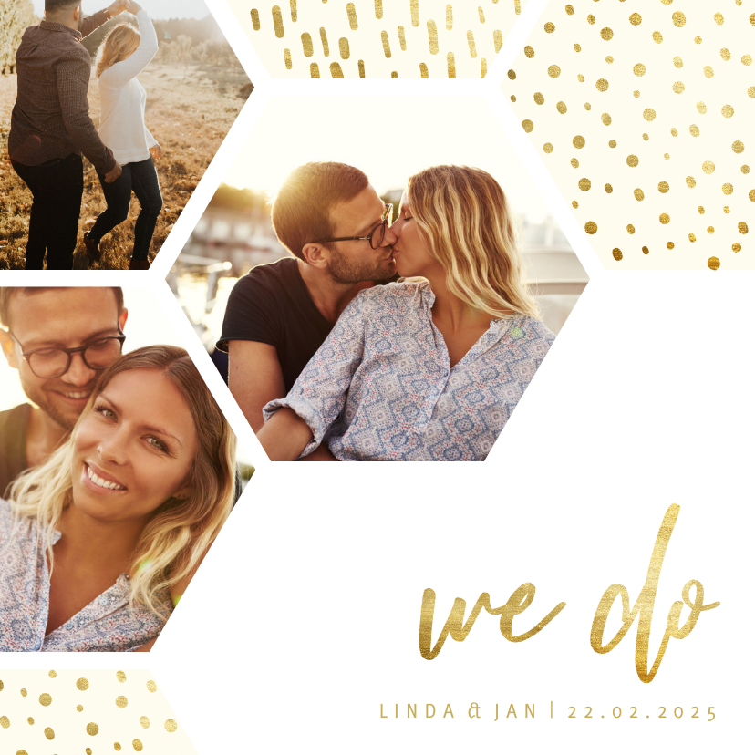 Hochzeitskarten - Einladungskarte Hochzeit mit einer Fotocollage im Goldlook