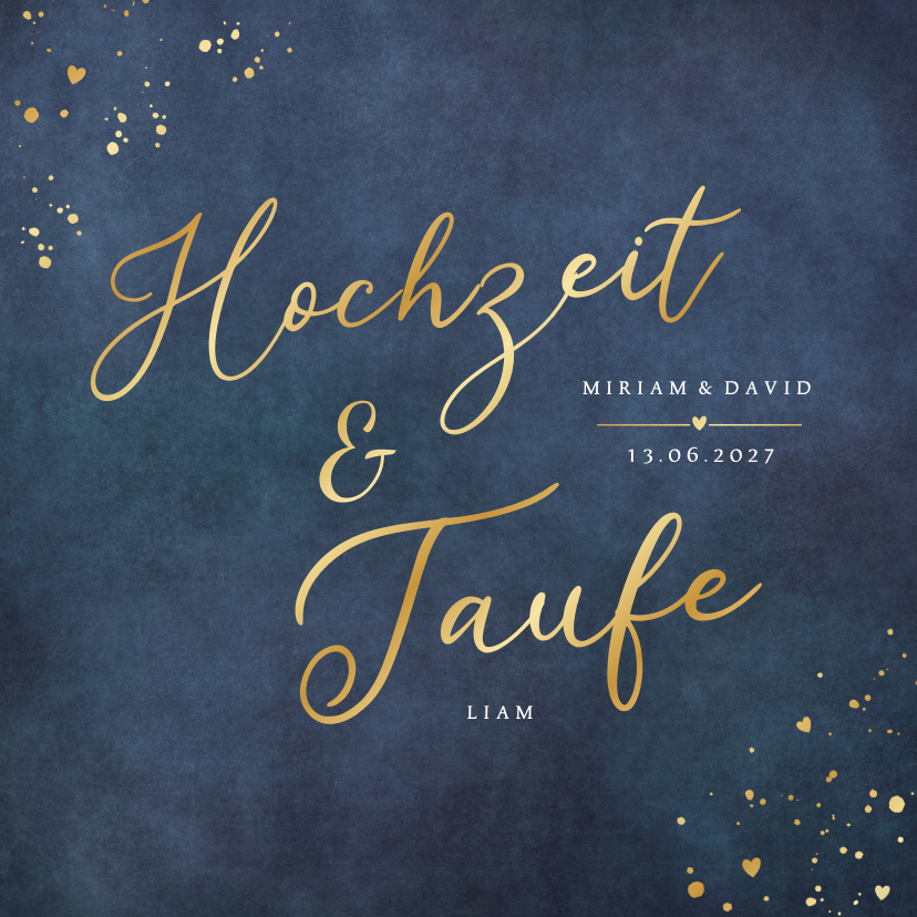 Hochzeitskarten - Einladungskarte Hochzeit & Taufe Blau mit Gold