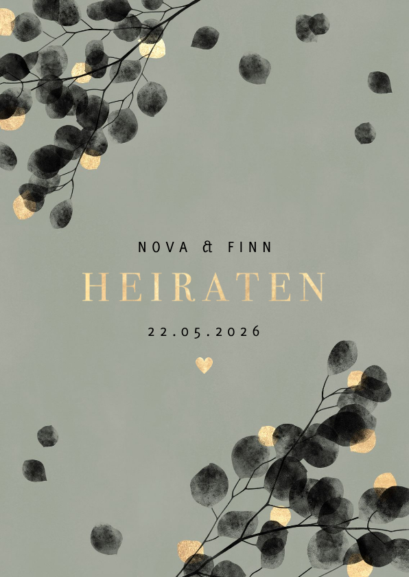 Hochzeitskarten - Einladungskarte Hochzeitsfeier Eukalyptus schwarz