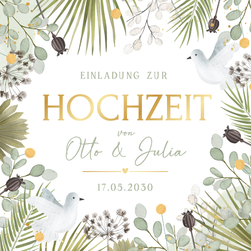 Hochzeitskarten - Einladungskarte Hochzeitstauben Pflanzen Greenery 