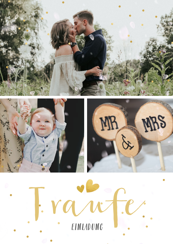 Einladungskarte Traufe Fotocollage, Konfetti und Timeline - Hochzeitskarten Hochzeitskarten - Einladungskarte Traufe Fotocollage, Konfetti und Timeline