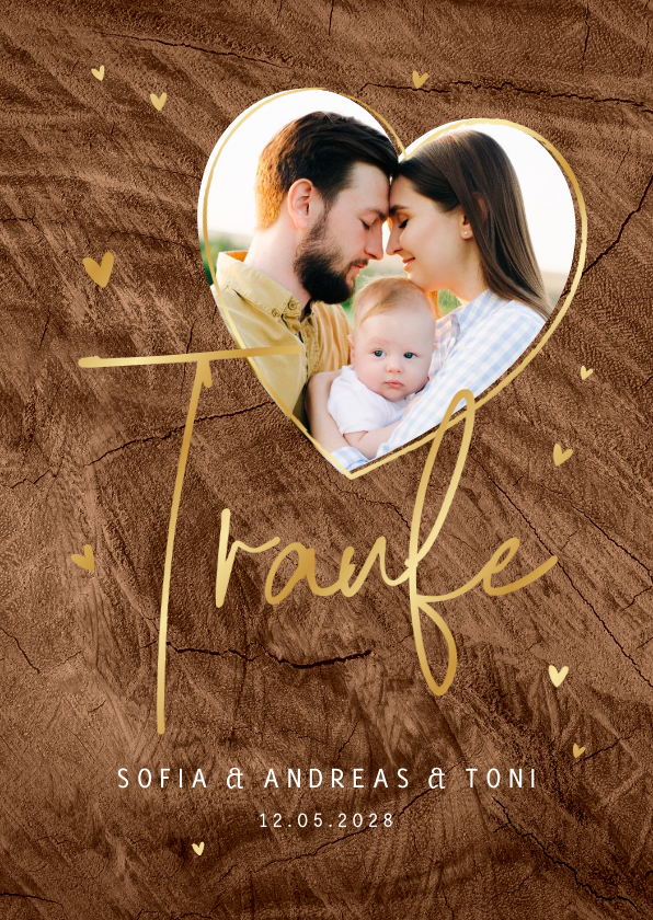 Einladungskarte Traufe Herzfoto & Goldschrift auf Holz - Hochzeitskarten Hochzeitskarten - Einladungskarte Traufe Herzfoto & Goldschrift auf Holz