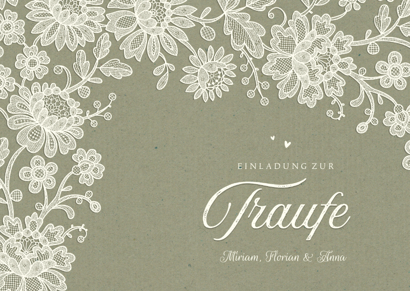 Hochzeitskarten - Einladungskarte Traufe romantisch Spitze olivgrün