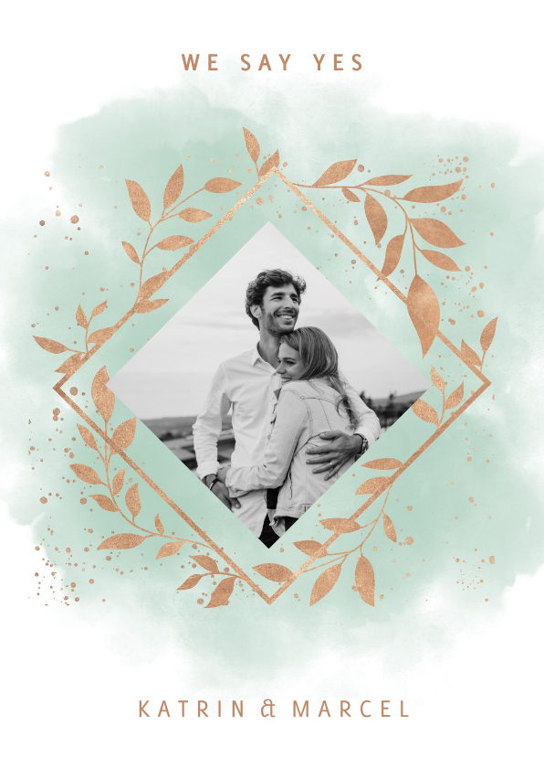 Hochzeitskarten - Einladungskarte zur Hochzeit Aquarell mintgrün mit Foto