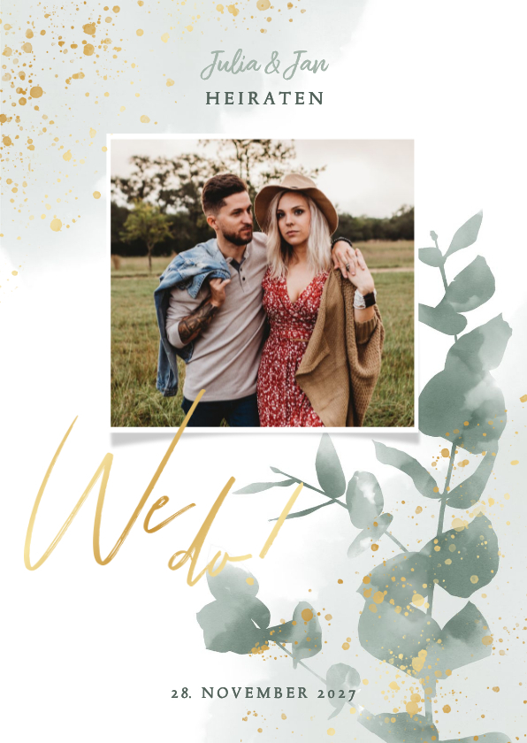 Einladungskarte zur Hochzeit Eukalyptus, Foto & Gold - Hochzeitskarten Hochzeitskarten - Einladungskarte zur Hochzeit Eukalyptus, Foto & Gold