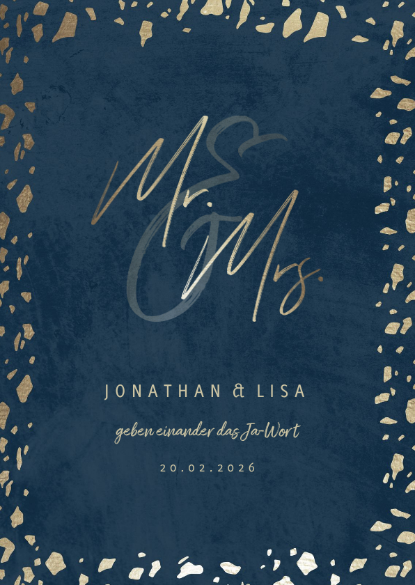 Hochzeitskarten - Einladungskarte zur Hochzeit in dunkelblau mit Goldrand