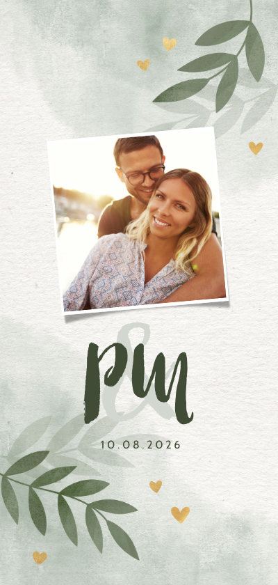 Hochzeitskarten - Einladungskarte zur Hochzeit mit Foto, Herzen und Zweigen