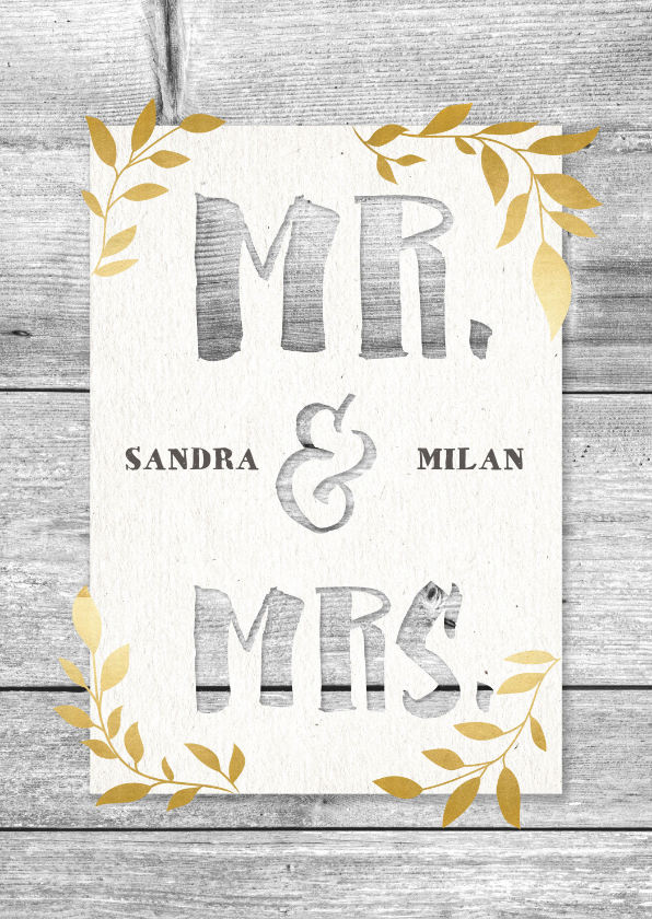 Hochzeitskarten - Einladungskarte zur Hochzeit mit Holz und goldenen Blättern