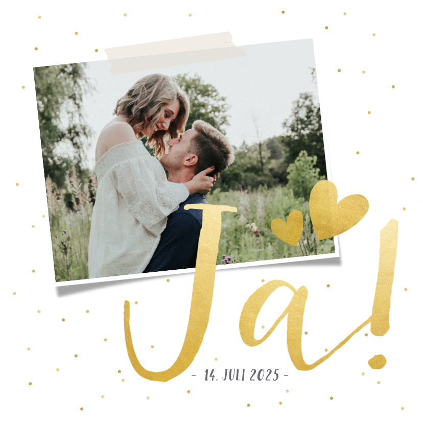 Hochzeitskarten - Einladungskarte zur Hochzeit mit Schrift in Goldlook & Foto