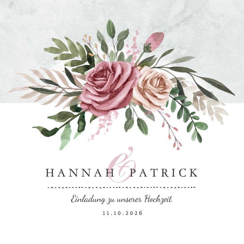 Hochzeitskarten - Einladungskarte zur Hochzeit Rosen & Marmor