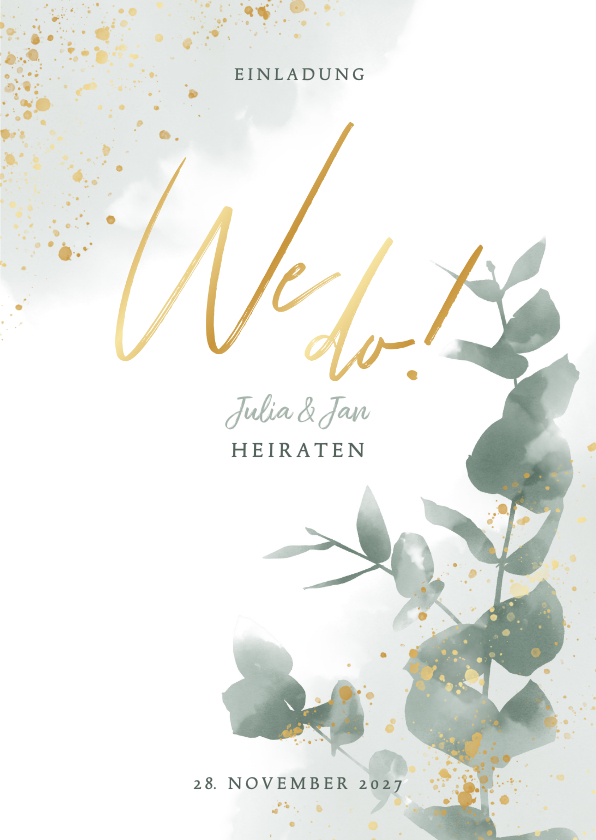 Einladungskarte zur Hochzeit Timline & Eukalyptus Gold - Hochzeitskarten Hochzeitskarten - Einladungskarte zur Hochzeit Timline & Eukalyptus Gold