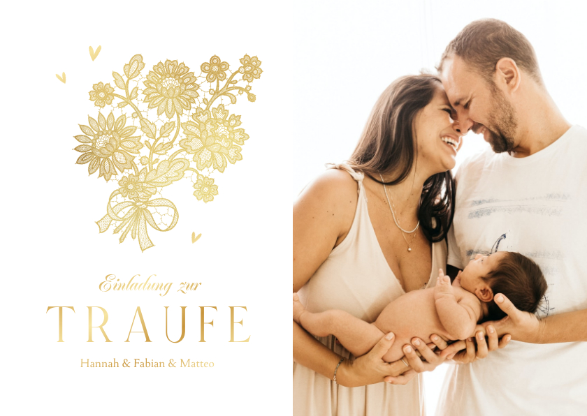 Einladungskarte zur Traufe Spitze, Foto & Goldakzente - Hochzeitskarten Hochzeitskarten - Einladungskarte zur Traufe Spitze, Foto & Goldakzente