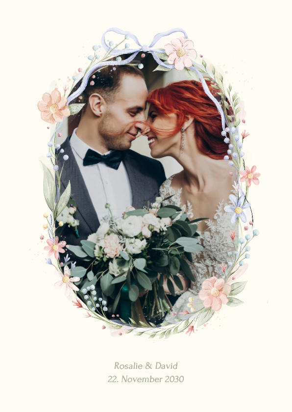 Foto-Dankeskarte Hochzeit Blumenkranz und Schleife - Hochzeitskarten Hochzeitskarten - Foto-Dankeskarte Hochzeit Blumenkranz und Schleife
