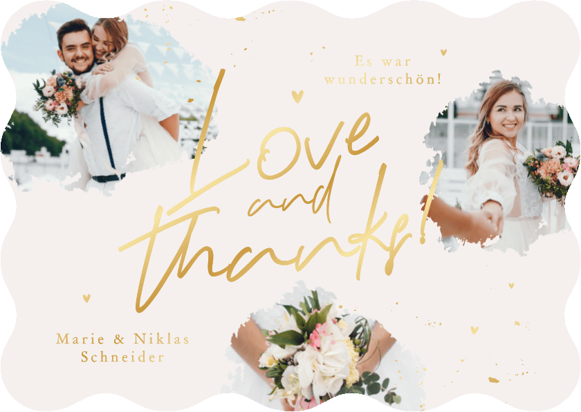 Hochzeitskarten - Foto-Dankeskarte Hochzeit 'Love & Thanks' Goldschrift