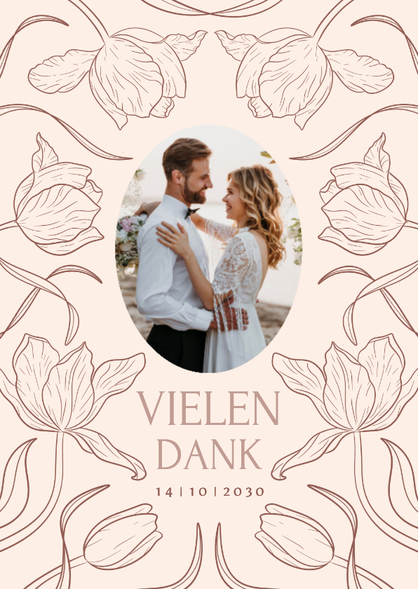 Foto-Dankeskarte Tulpen Linienzeichnung Beige - Hochzeitskarten Hochzeitskarten - Foto-Dankeskarte Tulpen Linienzeichnung Beige