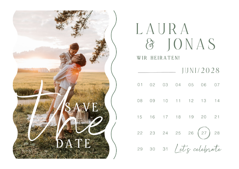 Hochzeitskarten - Fotokarte 'Save the Date' Kalender & Wellenlinien