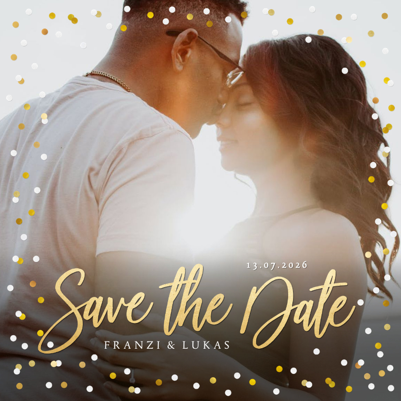 Hochzeitskarten - Fotokarte zur Hochzeit Save-the-Date Goldtext