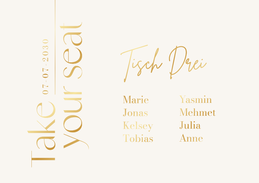 Gruppentischkarte 'Take your seat' Gold modern - Hochzeitskarten Hochzeitskarten - Gruppentischkarte 'Take your seat' Gold modern