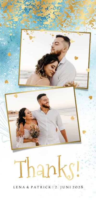 Hochzeit Dankeskarte Beachlook mit Fotos & Gold - Hochzeitskarten Hochzeitskarten - Hochzeit Dankeskarte Beachlook mit Fotos & Gold