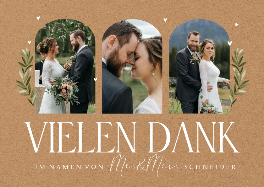 Hochzeitskarten - Hochzeits-Dankeskarte Bilderreihe & Zweige auf Kraftpapier