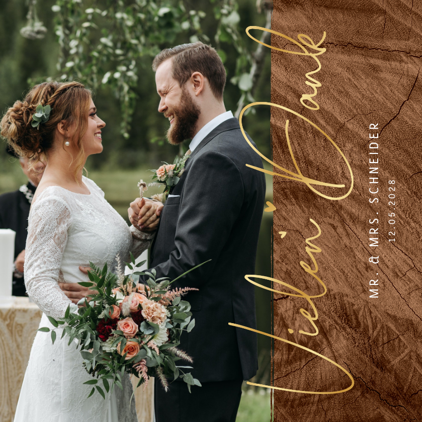 Hochzeits-Dankeskarte Goldschrift auf Holz - Hochzeitskarten Hochzeitskarten - Hochzeits-Dankeskarte Goldschrift auf Holz