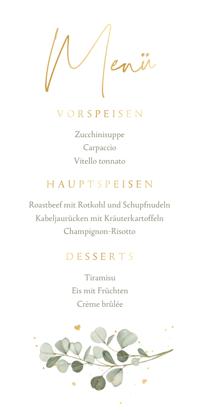 Hochzeitskarten - Hochzeits-Menükarte Aquarellzweige & Goldschrift
