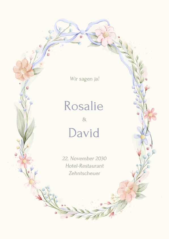 Hochzeitseinladung Blumenkranz mit Schleife Vintage - Hochzeitskarten Hochzeitskarten - Hochzeitseinladung Blumenkranz mit Schleife Vintage
