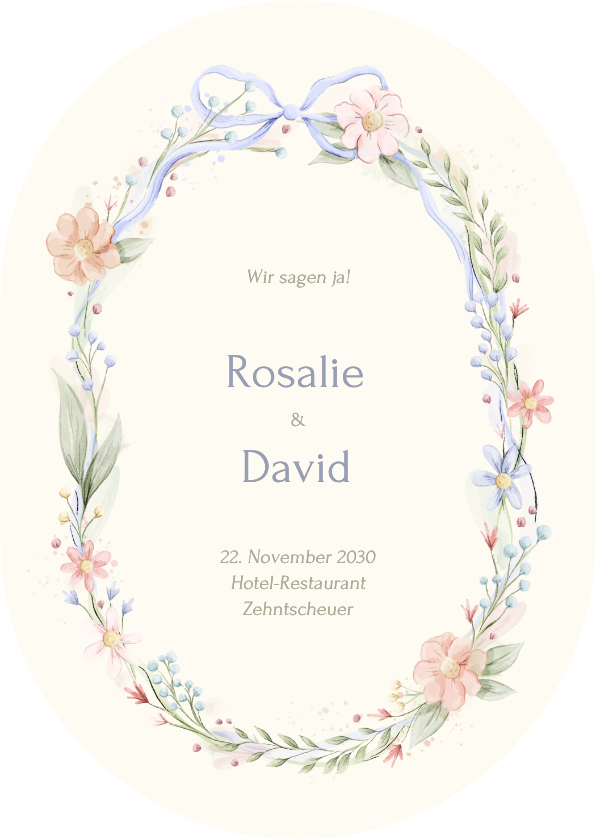 Hochzeitskarten - Hochzeitseinladung Oval Blumenkranz mit Schleife Vintage