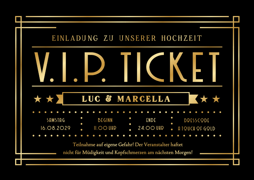 Hochzeitskarten - Hochzeitseinladung schwarz-gold Artdeco VIP-Ticket