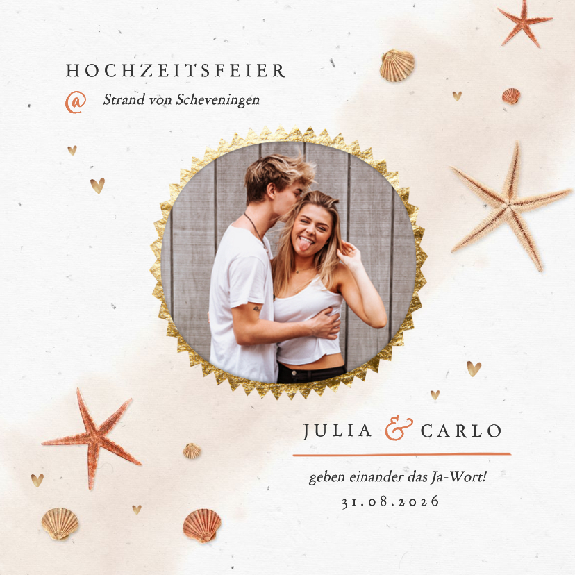 Hochzeitseinladung Strandlook mit eigenem Foto & Seesternen - Hochzeitskarten Hochzeitskarten - Hochzeitseinladung Strandlook mit eigenem Foto & Seesternen