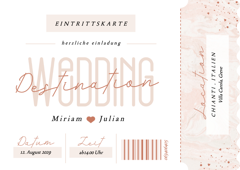 Hochzeitskarten - Hochzeitseinladung Ticket-Form rosa 'Destination Wedding'