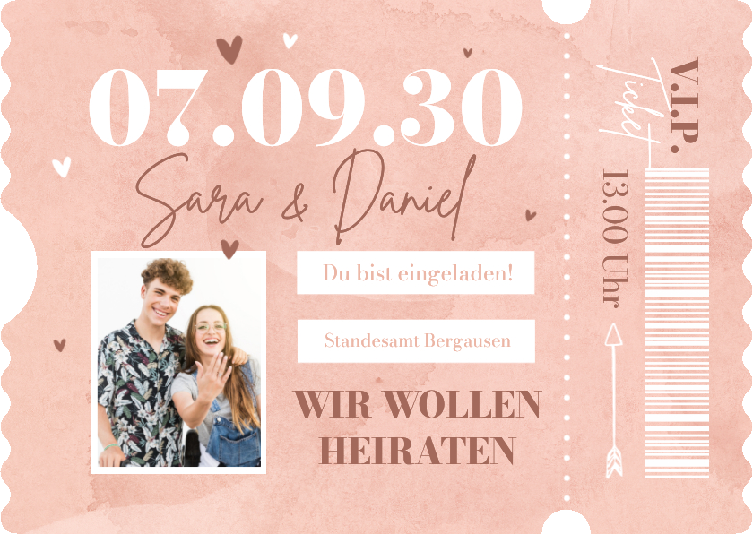 Hochzeitseinladung Ticket rosa Aquarell VIP Foto - Hochzeitskarten Hochzeitskarten - Hochzeitseinladung Ticket rosa Aquarell VIP Foto