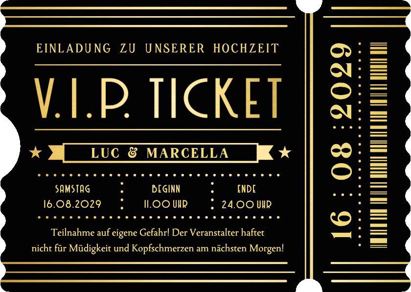 Hochzeitseinladung Ticketform schwarz-gold Artdeco - Hochzeitskarten Hochzeitskarten - Hochzeitseinladung Ticketform schwarz-gold Artdeco