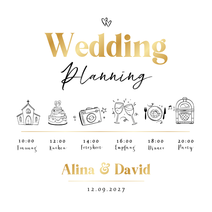 Hochzeitskarten - Hochzeitseinladung Timeline Goldschrift