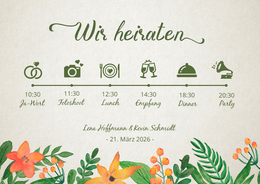 Hochzeitseinladung Vintage Blumen Timeline - Hochzeitskarten Hochzeitskarten - Hochzeitseinladung Vintage Blumen Timeline