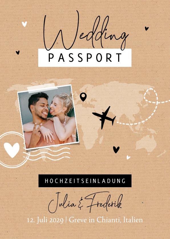 Hochzeitskarten - Hochzeitseinladung 'Wedding Passport' Kraftlook