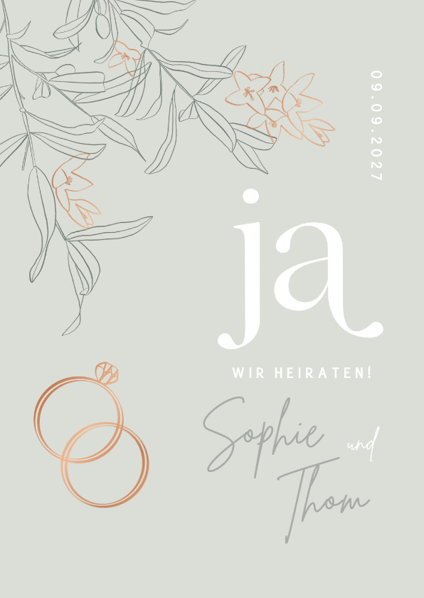 Hochzeitskarte Einladung Blüten & Ringe kupfer - Hochzeitskarten Hochzeitskarten - Hochzeitskarte Einladung Blüten & Ringe kupfer