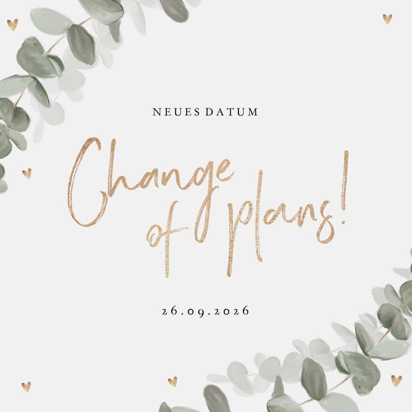 Hochzeitskarten - Hochzeitskarte Eukalyptusblätter Terminänderung