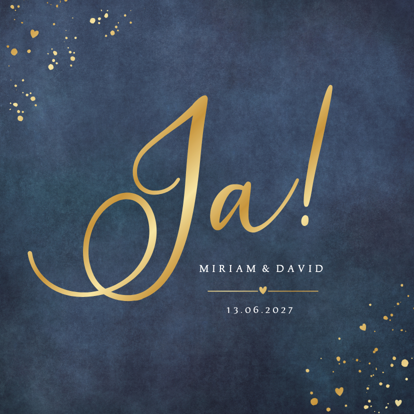Hochzeitskarten - Hochzeitskarte 'Ja!' Blau mit Gold