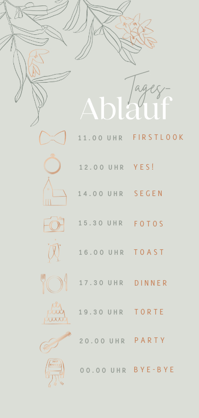 Hochzeitskarte Tagesablauf Blüten kupfer - Hochzeitskarten Hochzeitskarten - Hochzeitskarte Tagesablauf Blüten kupfer
