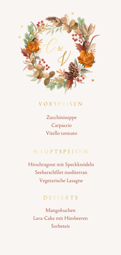 Hochzeitskarten - Hochzeitsmenü Karte Herbststimmung mit Gold